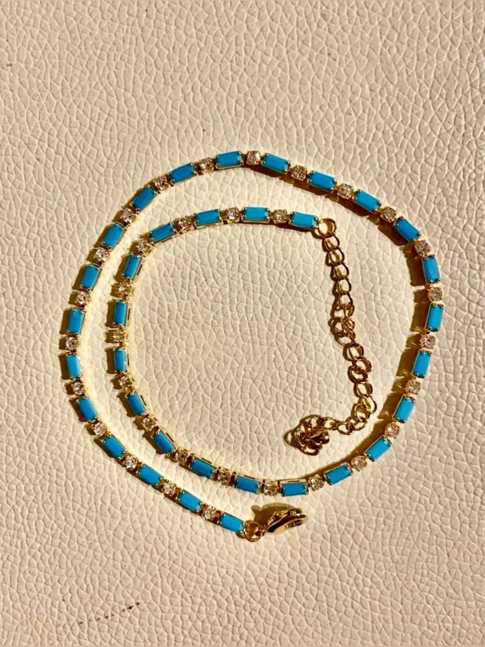 Natural Turquoise & CZ Tennis Necklace 14K Yellow Gold Plated